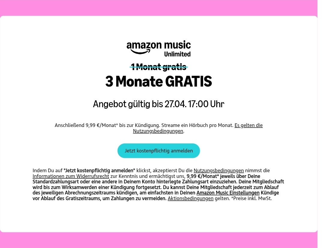 Amazon Music Unlimited 🎶
Jetzt 3 Monate kostenlos testen!🔥

Jederzeit kündbar ✅️

*Angebot gilt