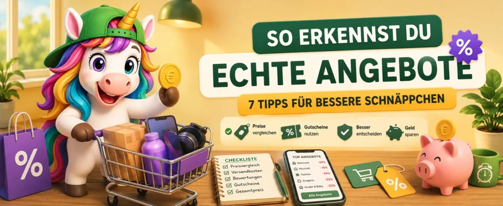 Echte Angebote erkennen mit Preisvergleich Gutscheinen und Einhorn von Preisalarm Deutschland