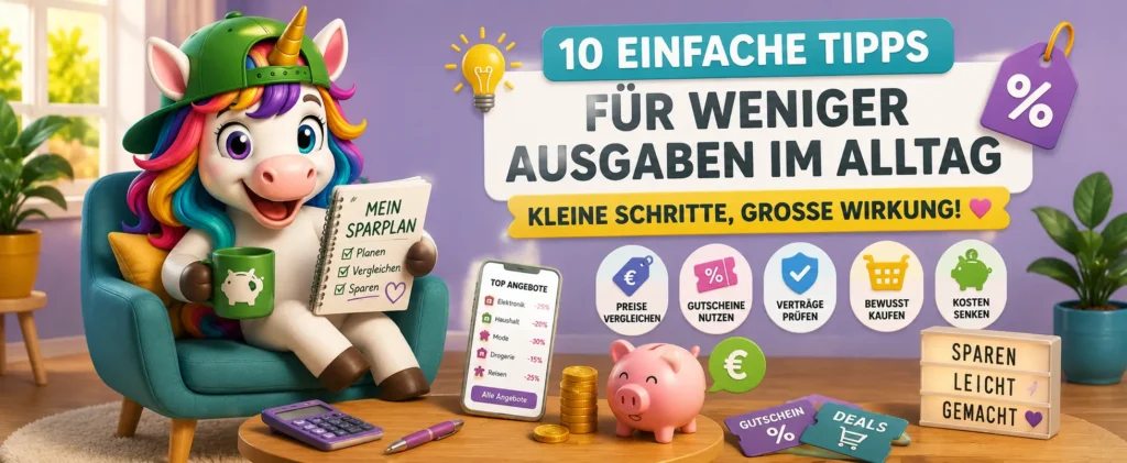 Weniger Ausgaben im Alltag mit Preisalarm Deutschland Einhorn Sparplan Gutscheinen und Spartipps