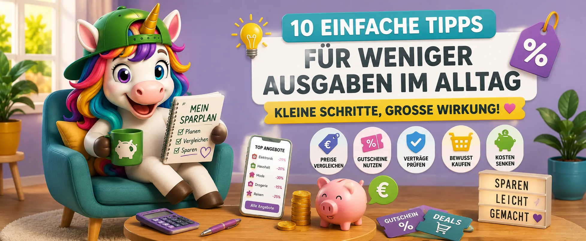 Weniger Ausgaben im Alltag mit Preisalarm Deutschland Einhorn Sparplan Gutscheinen und Spartipps