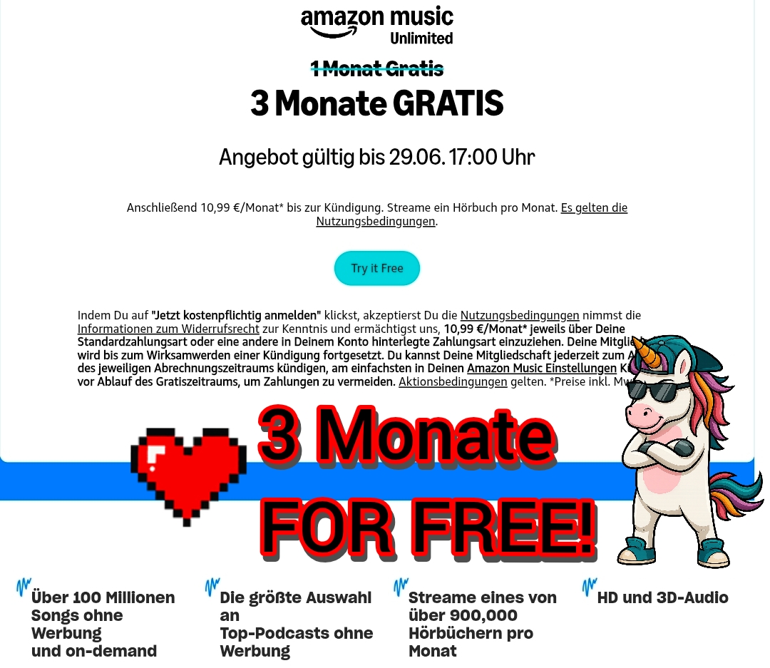 AMAZON MUSIC UNLIMITED jetzt 3 Monate kostenlos! 🎶🔊🎧

Über 100 Millionen Songs ohne Werbung und on