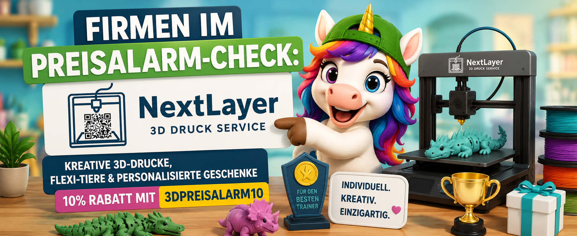 NextLayer3DDruck vorgestellt mit 3D Druck Einhorn Flexi Tieren Geschenkideen und Rabattcode