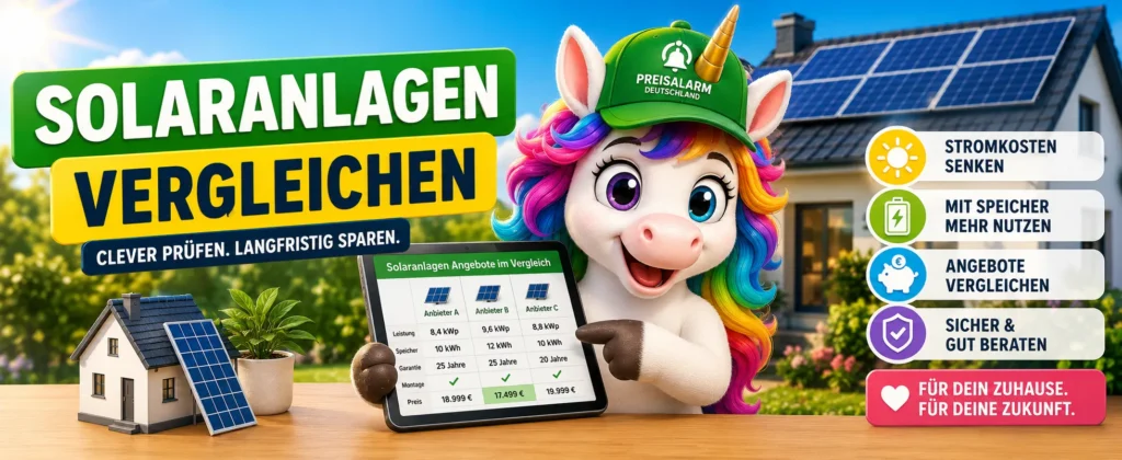 Freundliches Preisalarm-Einhorn mit grüner Cap vergleicht Solaranlagen Angebote auf einem Tablet vor einem Haus mit Solardach