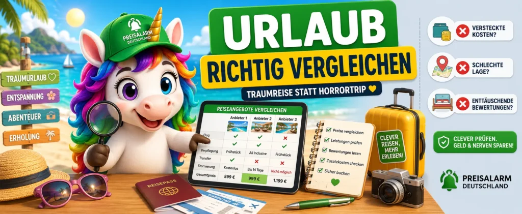Preisalarm-Einhorn mit grüner Cap vergleicht Reiseangebote auf einem Tablet vor Koffern, Flugzeug und Strandkulisse