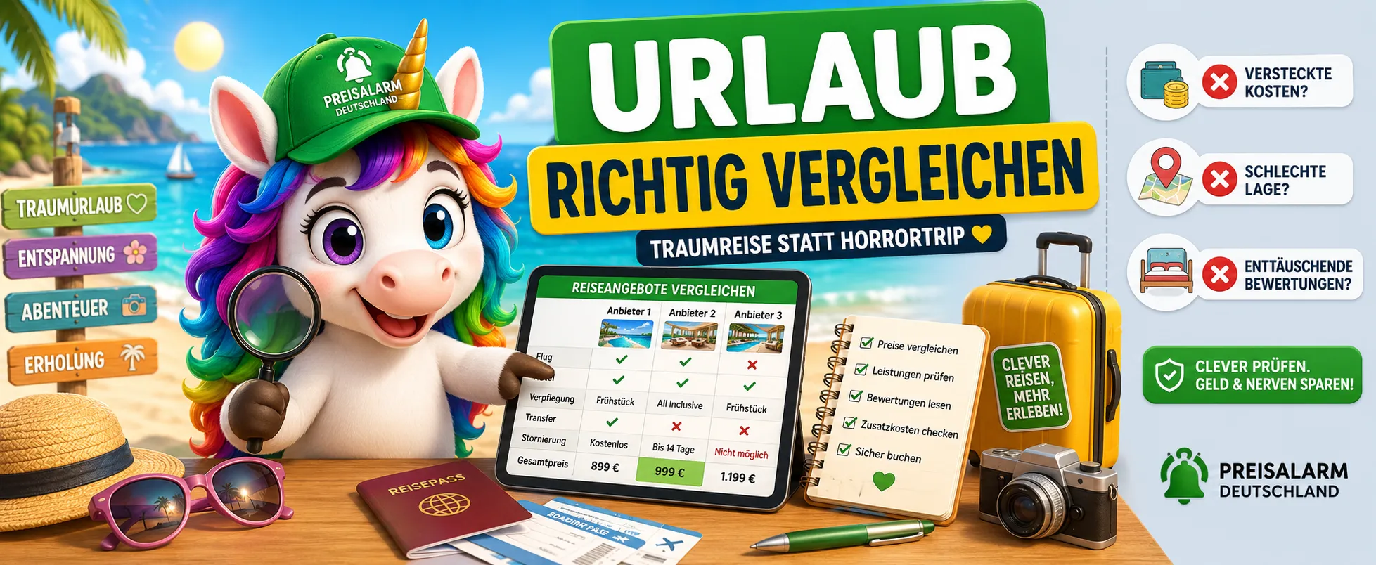 Preisalarm-Einhorn mit grüner Cap vergleicht Reiseangebote auf einem Tablet vor Koffern, Flugzeug und Strandkulisse