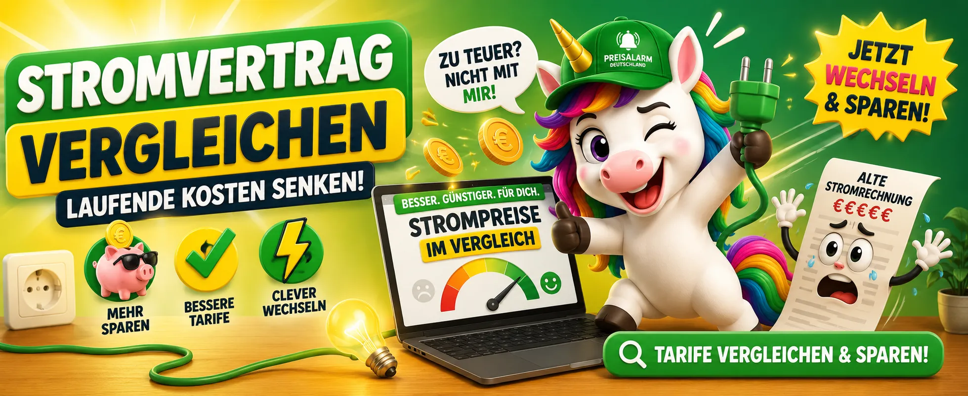 Alternativtext: Preisalarm Deutschland Einhorn zeigt einen Strom-Vergleichsrechner zum Thema Stromvertrag vergleichen und laufende Kosten senken Titel: Stromvertrag vergleichen mit Preisalarm Deutschland Untertitel: Mit einem Stromvergleich laufende Kosten besser im Blick behalten Beschreibung: Ein freundliches Preisalarm Deutschland Blogbild mit Einhorn, Stromrechnung und Vergleichsrechner. Das Motiv zeigt, warum es sich lohnen kann, den eigenen Stromvertrag regelmäßig zu vergleichen und mögliche Sparpotenziale bei laufenden Kosten zu prüfen. Dateiname Empfehlung: stromvertrag-vergleichen-preisalarm-deutschland-blogbild.jpg