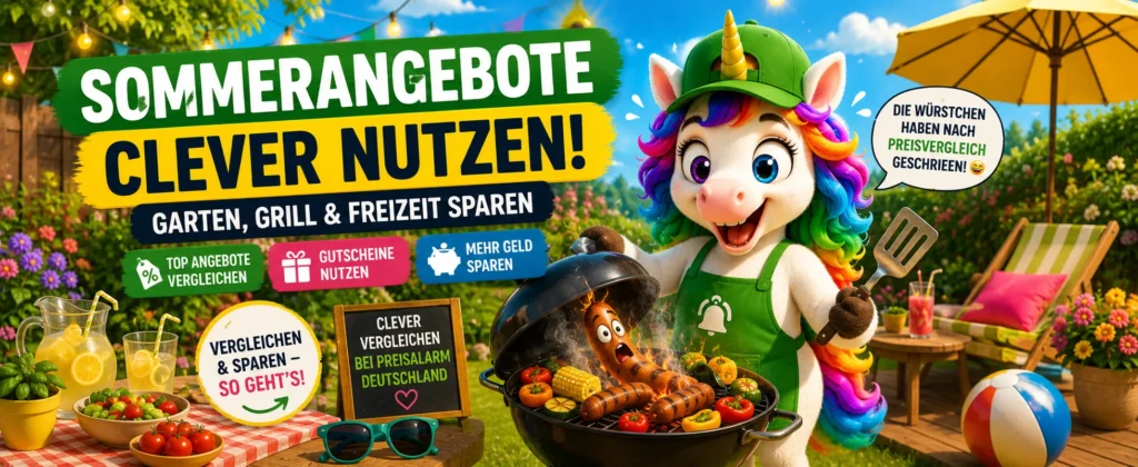 Preisalarm-Einhorn grillt im sommerlichen Garten und zeigt humorvoll, wie man Sommerangebote für Garten, Grill und Freizeit clever vergleichen kann.