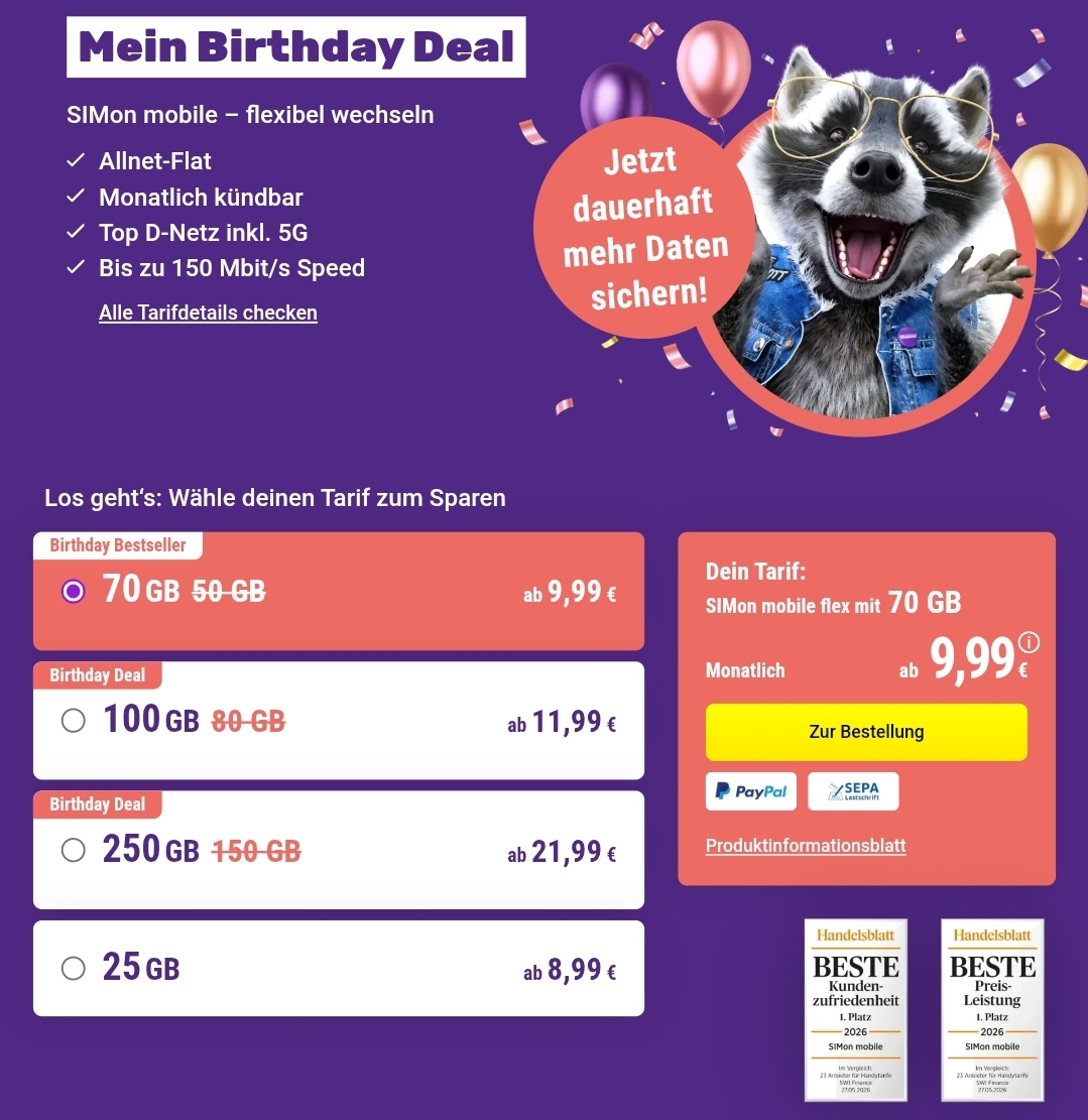 SIMon mobile Birthday Deals! 🎈🎉

Allnet-Flat ✅️
Monatlich kündbar ✅️
Top D-Netz inkl. 5G ✅️
Bis